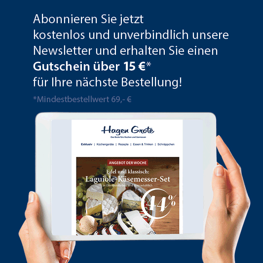 Das Bild zeigt einen Banner mit folgender Aufschrift: Abonnieren Sie jetzt kostenlos und unverbindlich unsere Newsletter und erhalten Sie einen Gutschein über 15 €* für Ihre nächste Bestellung! *Mindestbestellwert 69,- €