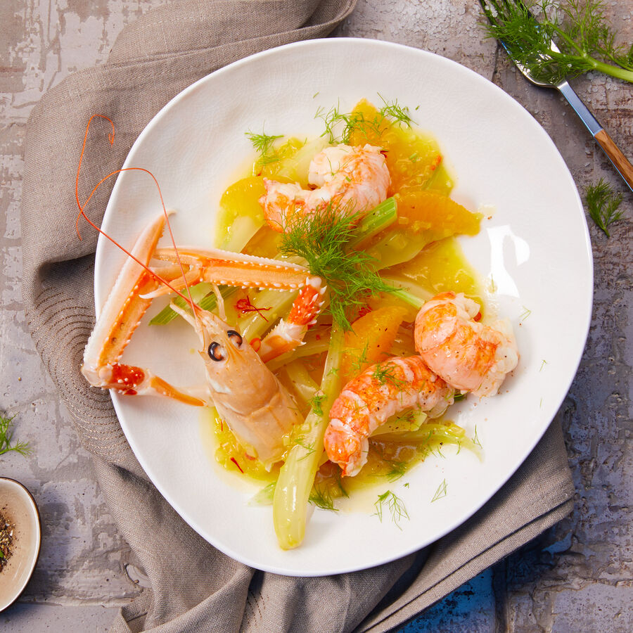   Low Carb Fenchel mit Scampi in Orangen-Safransauce