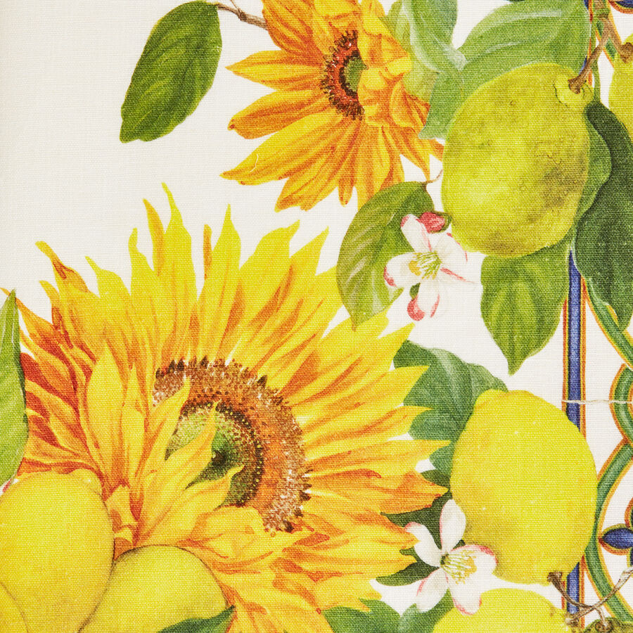 Nobler Leinen-Tischlufer mit frischen Sonnenblumen und Zitronen Bild 2