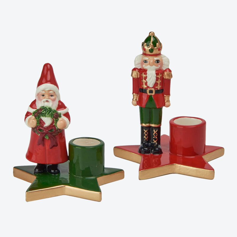 Liebenswertes Kerzenhalter-Set Nussknacker und Weihnachtsmann, Kerzenständer, Kerzenleuchter, Stabkerze Bild 2