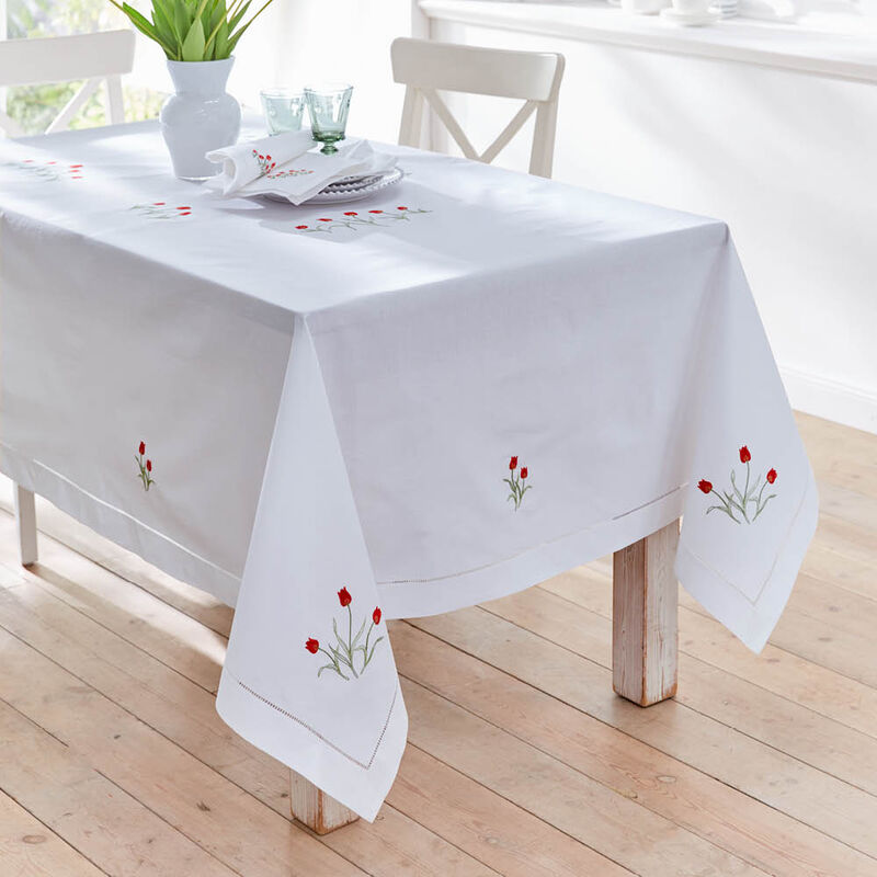 Handbestickte Hohlsaum-Tischdecke mit feinen Tulpen, Tischwäsche, Tischtuch, Blumen Motiv Tischwäsche