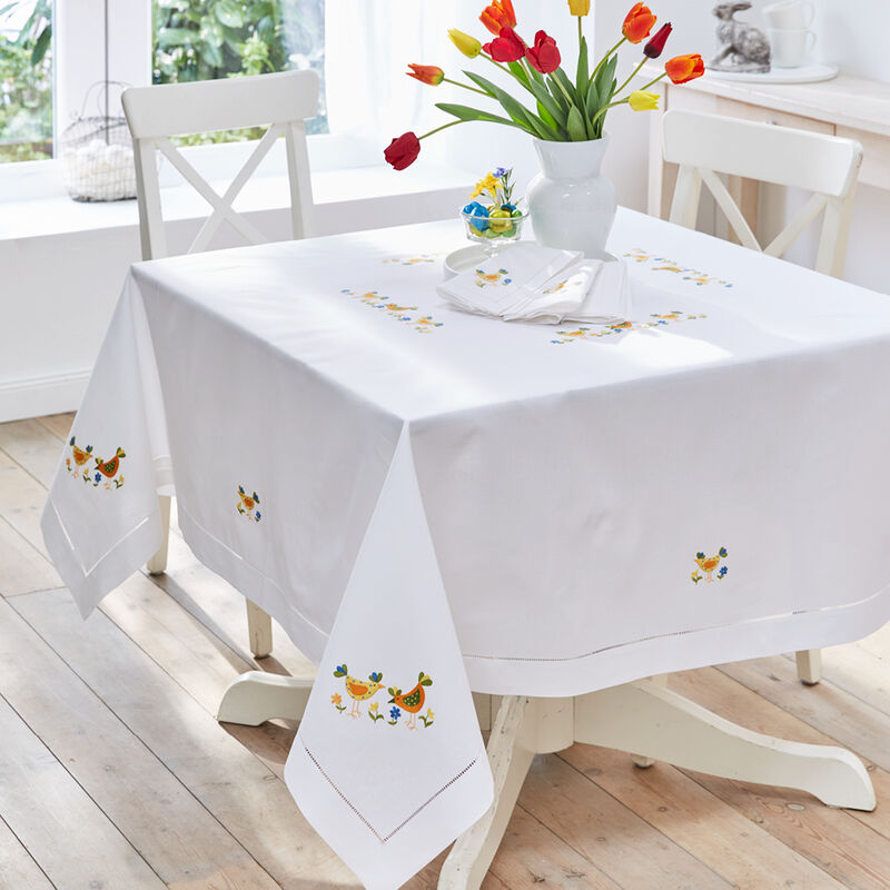 Handbestickte feine Hohlsaum-Tischdecke mit fröhlichem Design