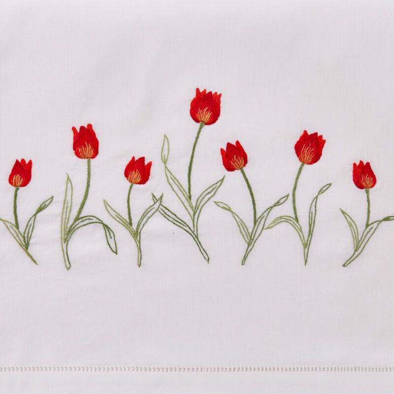 Handbestickter Hohlsaum-Tischlufer mit feinen Tulpen, Tischwsche, Mitteldecke, Blumen Motiv Tischwsche