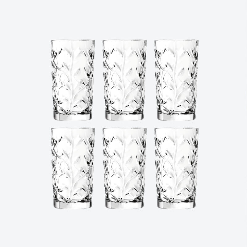 Klassische Longdrink-Kristallgläser mit Blätterdekor für stilvollen Genuss