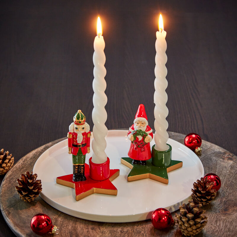 Liebenswertes Kerzenhalter-Set Nussknacker und Weihnachtsmann, Kerzenständer, Kerzenleuchter, Stabkerze