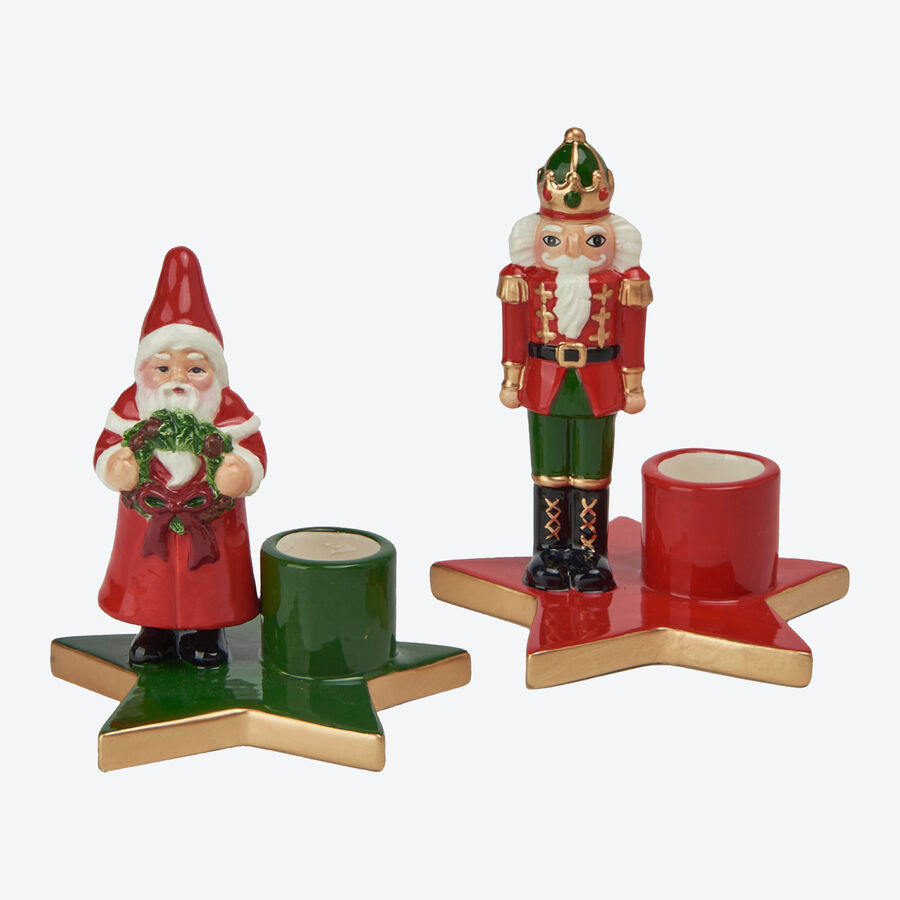 Liebenswertes Kerzenhalter-Set Nussknacker und Weihnachtsmann, Kerzenstnder, Kerzenleuchter, Stabkerze