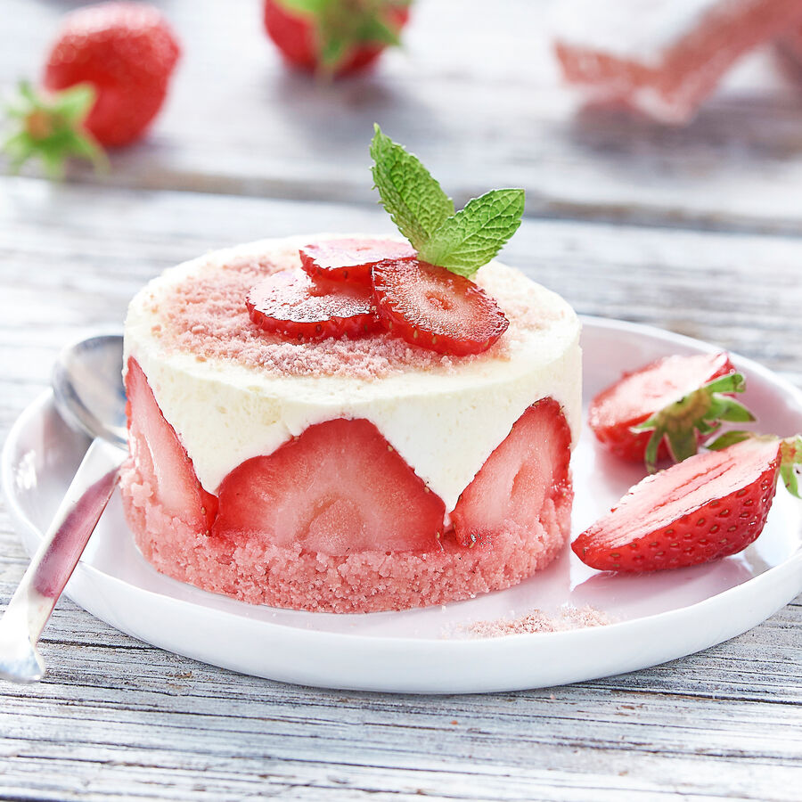 Mini-Cheesecakes mit roten Beeren und Biskuits Roses de Reims