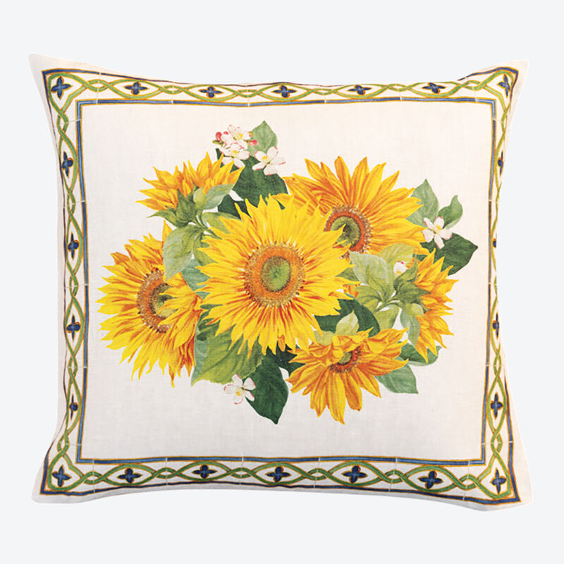 Noble Leinen-Kissenhülle 55 x 55 cm mit frischen Sonnenblumen