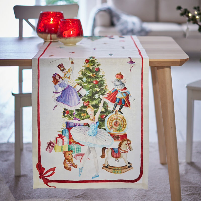 Nobler Leinen-Tischlufer mit weihnachtlichen Nussknacker-Motiven, Tischdecke, Tafeldecke, Tischwsche, Tischlufer