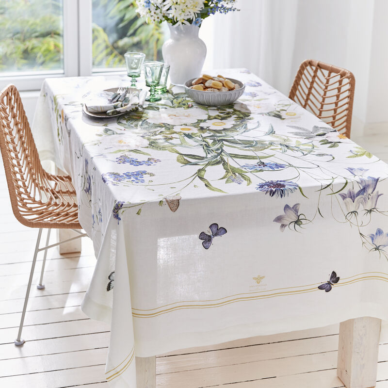 Premium Leinen-Tischdecke mit blauen Blüten