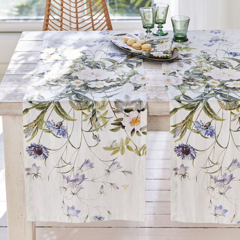 Premium Leinen-Tischläufer mit blauen Blüten