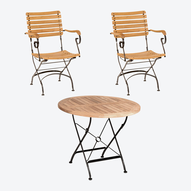 Set 1: Tisch + 2 Stühle - Klassisch elegante Gartenmöbel-Serie aus Eisen und Teakholz