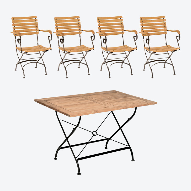 Set 2: Tisch + 4 Stühle - Klassisch elegante Gartenmöbel-Serie aus Eisen und Teakholz