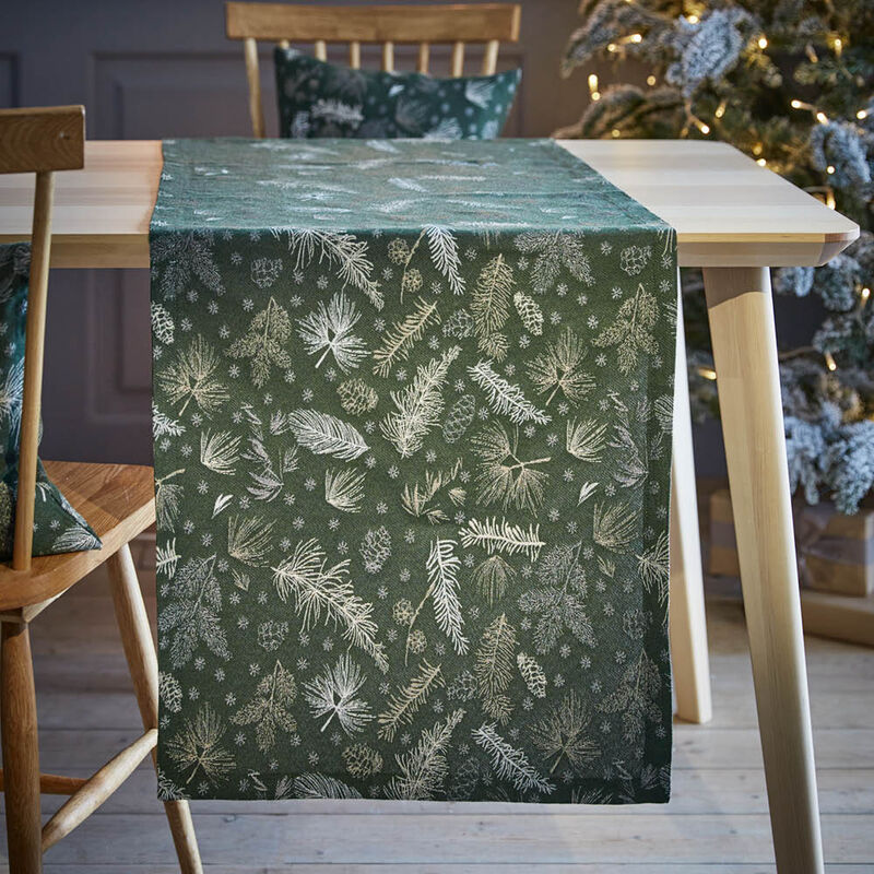 Tannengrüner Jacquard-Tischläufer mit eingewebtem Muster