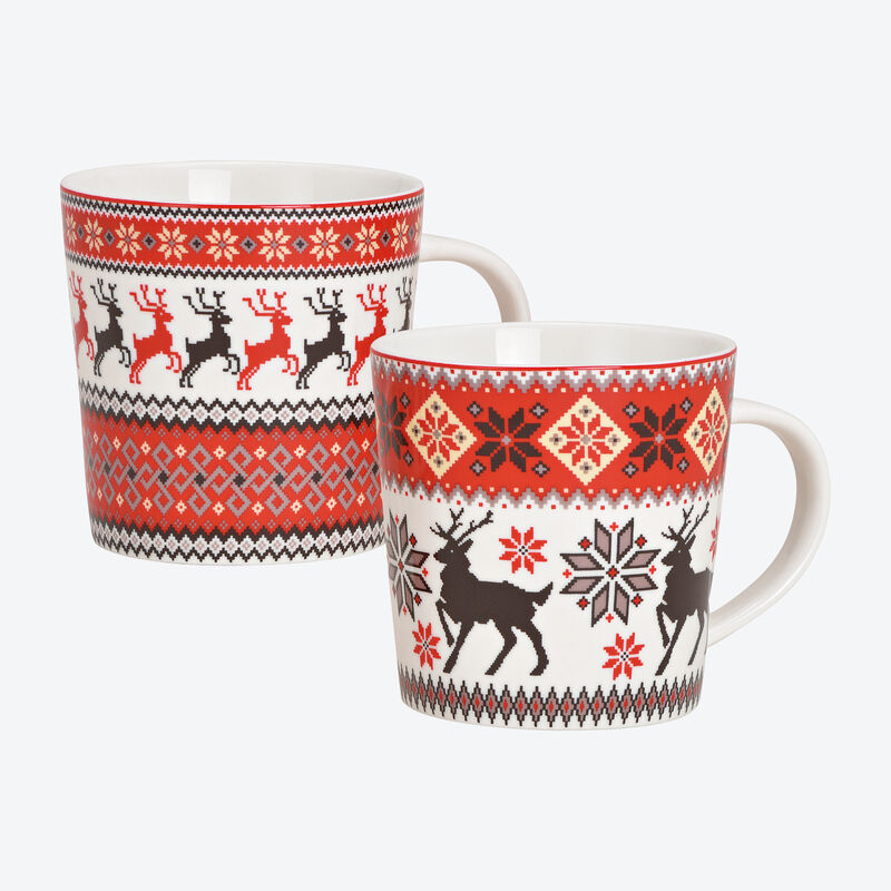 Winterliche Porzellanbecher mit Norwegermuster, Kaffeebecher, Porzellan, Weihnachten