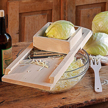 Produktbild für '3-teiliges Zubehör: Hobel, Stampfer und Gabel zur traditionellen Herstellung von Sauerkraut im Steinzeug-Gärtopf'
