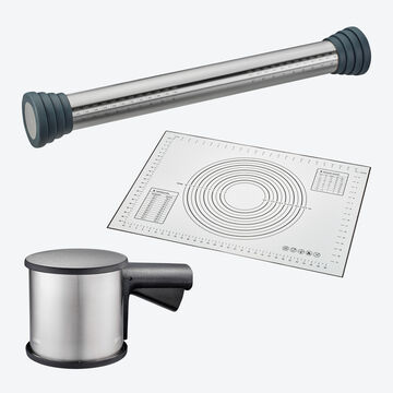 Produktbild für '3-tlg. Backset: Back-Arbeitsmatte, Teigrolle und Einhand-Mehlsieb'