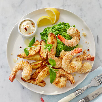 Produktbild fr 'Airfryer-Rezept: Knusprige Garnelen mit Kartoffelecken und Erbsen-Minz-Pree'