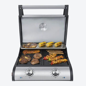 Produktbild für 'Elektro-Deckelgrill mit getrennt heizbarer Grillsteg- und Grillplatten-Doppelfläche'