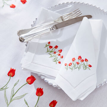 Produktbild für 'Handbestickte Hohlsaum-Servietten mit feine Tulpen, Stoffservietten'