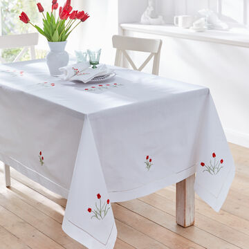 Produktbild für 'Handbestickte Hohlsaum-Tischdecke mit feinen Tulpen, Tischwäsche, Tischtuch, Blumen Motiv Tischwäsche'