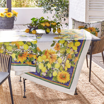 Produktbild für 'Noble Leinen-Tischdecke mit frischen Sonnenblumen und Zitronen'