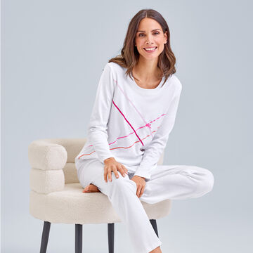 Produktbild fr 'Pyjama fr Damen - 100 % Baumwolle, Interlock-Jersey, Wei, dezente Applikationen bunter Satinbnder'