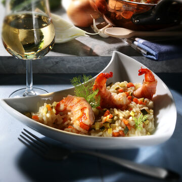 Produktbild für 'Scampi in Pancetta auf Gemüse-Risotto mit Krustentiersauce'