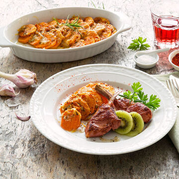 Produktbild für 'Süßkartoffel-Gratin mit Lammkoteletts und Kiwi'