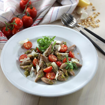Produktbild für 'Trofie liguri di castagne mit Rucola Pesto und Kirschtomaten (Ligurische Kastanienmehl-Fingernudeln)'