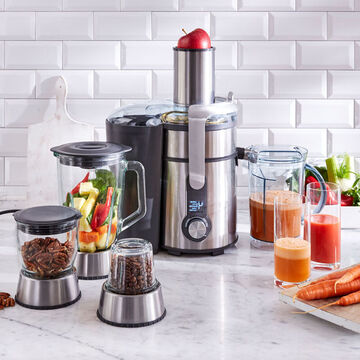 Produktbild für 'Vario Juicer entsaftet, mixt, zerkleinert, mahlt mit 4 variablen Aufsätzen'