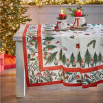 Produktbild fr 'Festliche Leinen-Tischdecke Weihnachtswald - 100 % Leinen, Wei, Rot/Grn'
