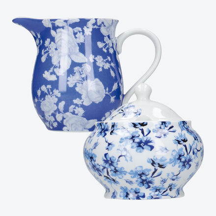 Produktbild für ' Blau-weiße Milchkanne und Zuckerdose mit Rosenmotiv'
