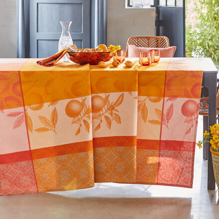 Produktbild fr ' Jacquard-Tischdecke mit Fleckschutz – Orange mit Frchtemotiv'