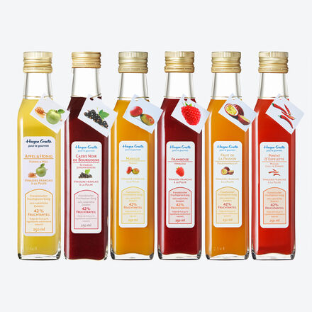 Produktbild für '6-tlg. Set: Französischer Fruchtpüree-Essig Cassis, Himbeere, Apfel-Honig, Passionsfrucht, Piment, Mango'