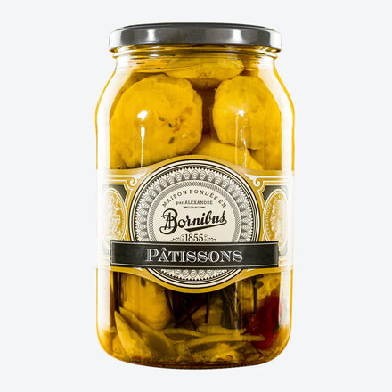 Produktbild für 'Eingelegte Patisson-Kürbisse 860 g - Ufo-Kürbis süß-sauer mit Dill & Knoblauch'