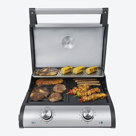 Produktbild für 'Elektro-Deckelgrill mit getrennt heizbarer Grillsteg- und Grillplatten-Doppelfläche'