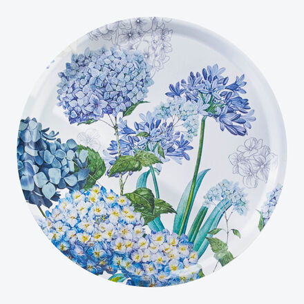 Produktbild f�r 'Holztablett rund, blaue Hortensien - � 38 cm, Birkenholz, Melaminbeschichtung'