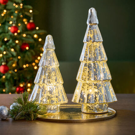 Produktbild fr 'LED-Weihnachtsbaum - silberfarbene Glastanne mit innenliegender LED-Lichterkette, Batteriebetrieb'