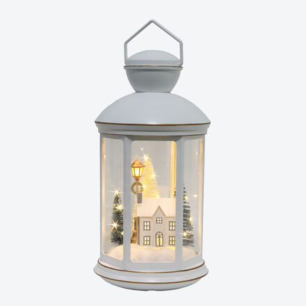 Produktbild fr 'Laterne - mit Miniatur-Winterszene, Wei, LEDs, /H 18/33 cm, Batteriebetrieb'