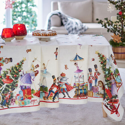 Produktbild für 'Noble Leinen-Tischdecke mit weihnachtlichen Nussknacker-Motiven, Tischdecke, Tafeldecke, Tischwäsche, Tischläufer'