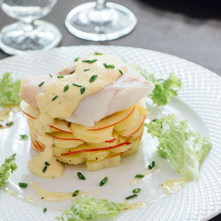 Produktbild für 'Pochierter Winterkabeljau (Skrei) mit Senfmayonnaise auf lauwarmem Kartoffelsalat'