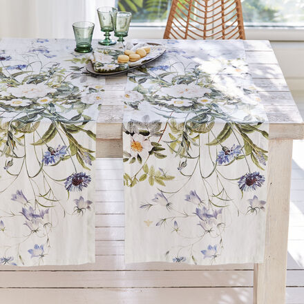 Produktbild für 'Premium Leinen-Tischläufer mit blauen Blüten'