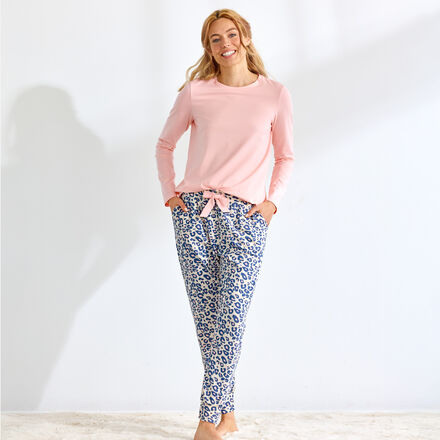 Produktbild fr 'Pyjamahose Damen - Leo-Print, Sand/Grau, angenehmer Baumwoll-Elasthan-Mix'