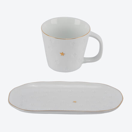 Produktbild fr 'Weihnachtsgeschirr Tasse und ovaler Teller - Porzellan, Wei, Golddekor'