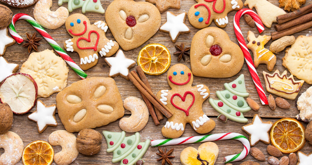 Weihnachtlicher Plätzchen-Mix aus Lebkuchen, Zimtsternen, Zuckerstangen und getrockneten Orangenscheiben auf rustikalem Holz.