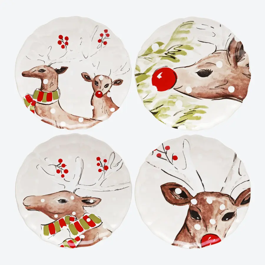 Set aus vier Weihnachtstellern mit Rentier-Motiven, handgemalt mit roten Nasen, Beeren und festlichen Details