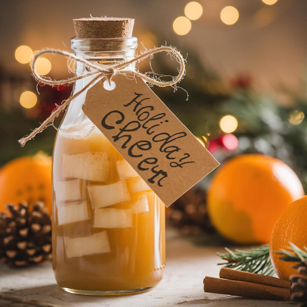 Hausgemachter Likör Holiday Cheer in Glasflasche mit Korken, festlich dekoriert mit Orangen und Zimt
