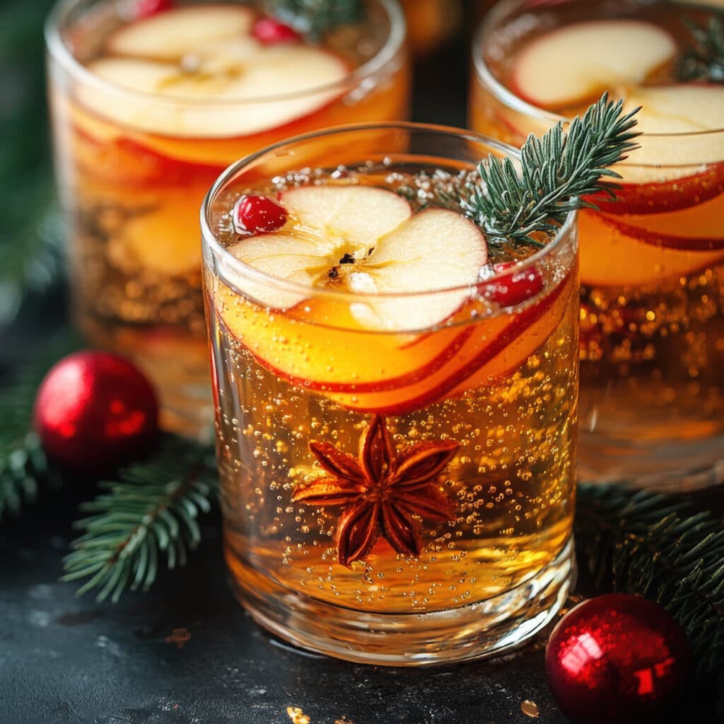 Weihnachtlicher Apfelpunsch mit Anisstern, Beeren und Tannenzweig im Glas