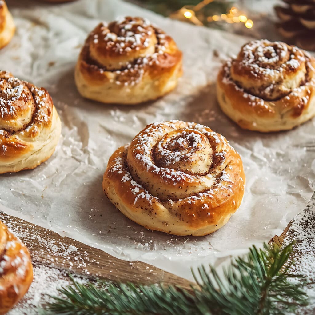 Saftige Zimtschnecken mit Puderzucker, frisches Hefegebäck für die Weihnachtszeit auf Backpapier